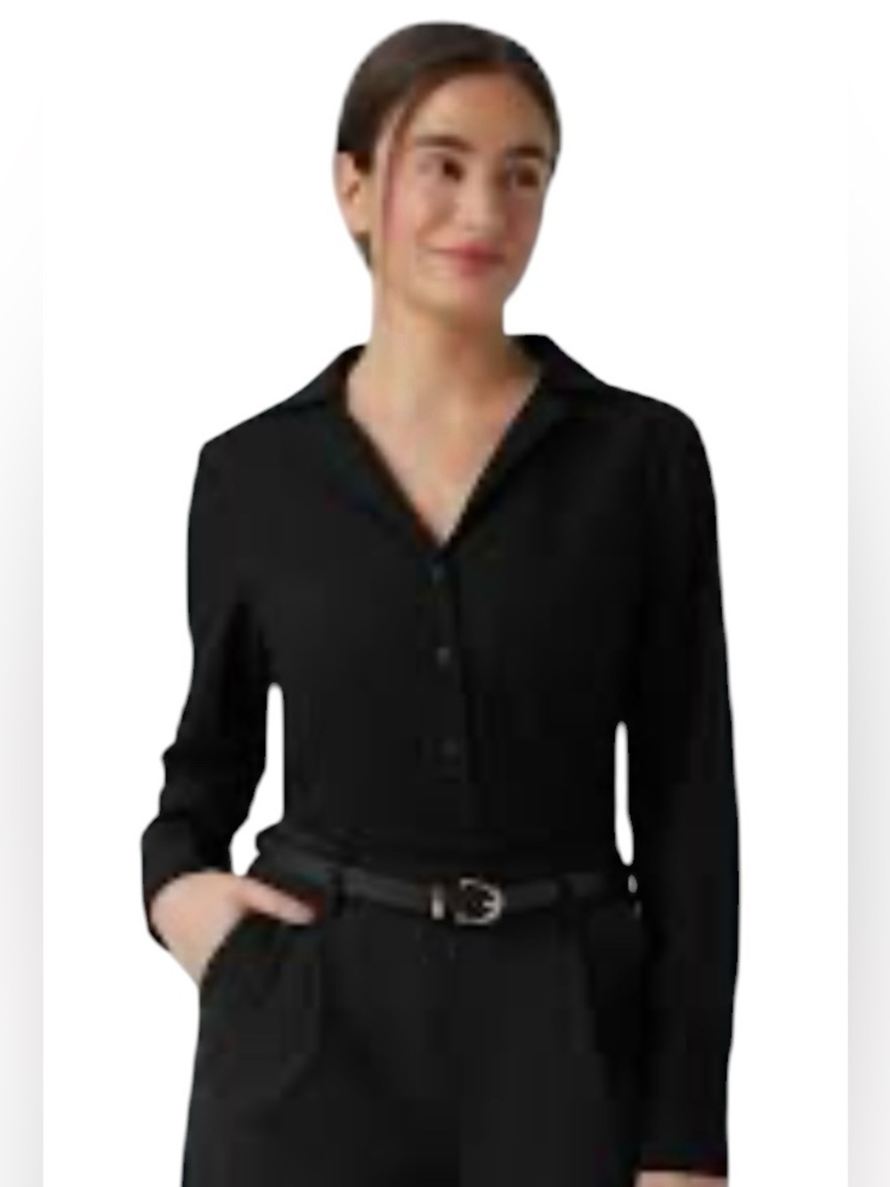 Halara Long Sleeve Curved Hem Work Shirt NWT M Black Button Up Career Blouse